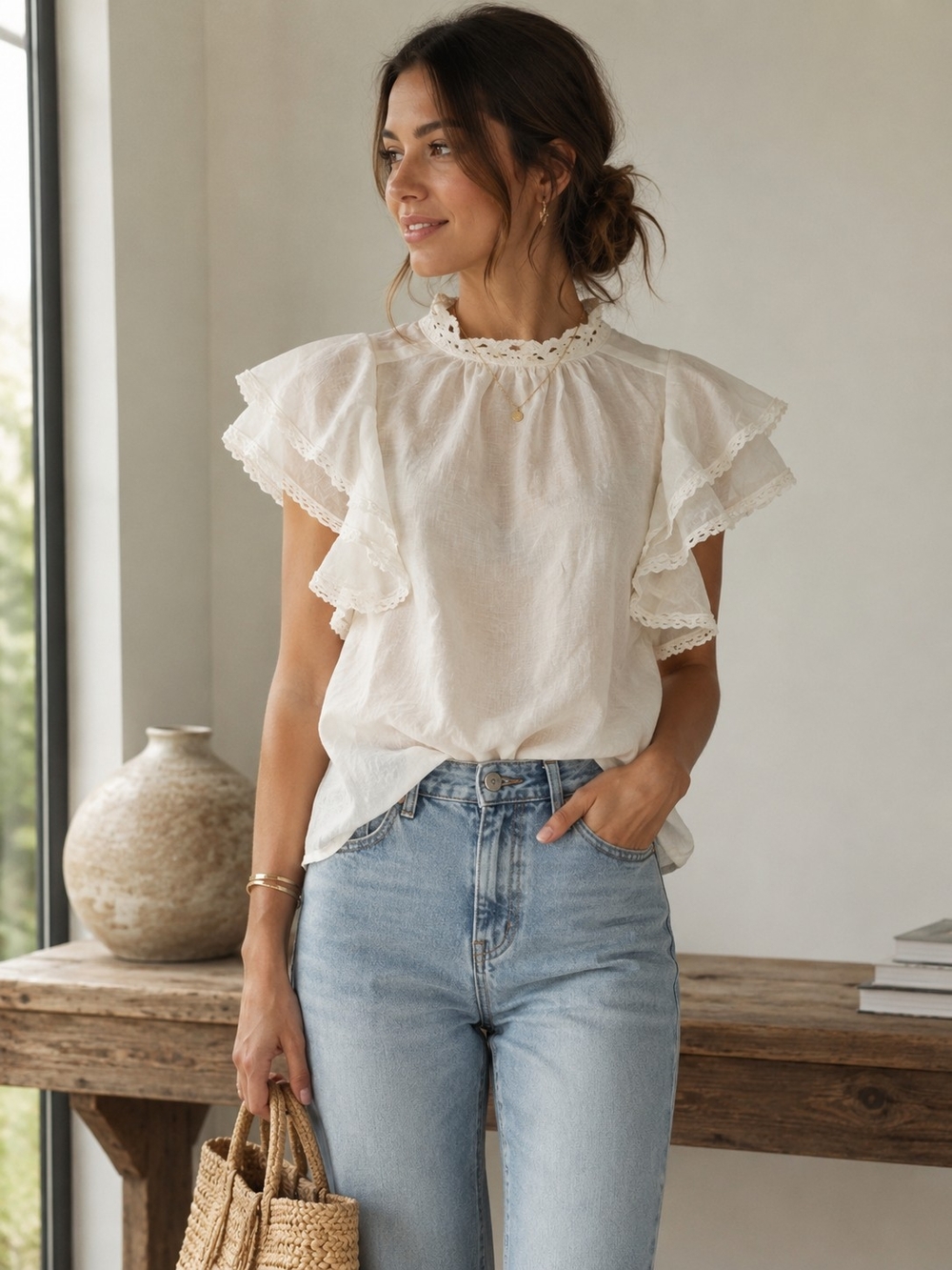 Sabina Musayev Ivory Lace Flutter Sleeve Blouse XS | Romantic Boho Chic